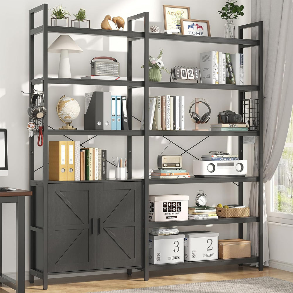 6-tire Farmhouse Black Corner Book Shelf with 2 Barn Doors and 10 Storage She...