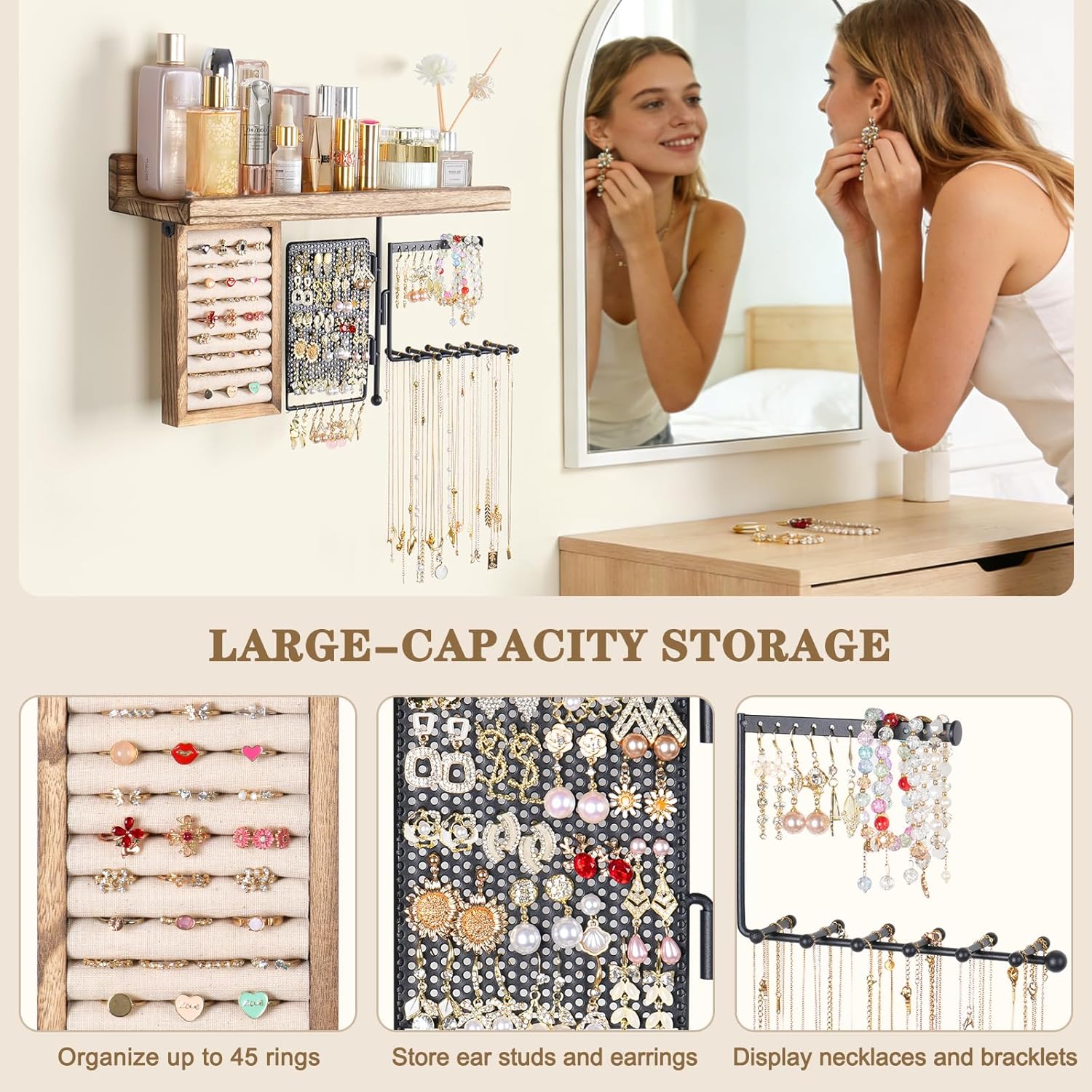 SOLIMINTR Hanging Jewelry Organizer Wall Mount with Rustic Wood Shelf, Ring Display Box, Ear Studs Earring Holder, Rotating Necklace Holder Organizer