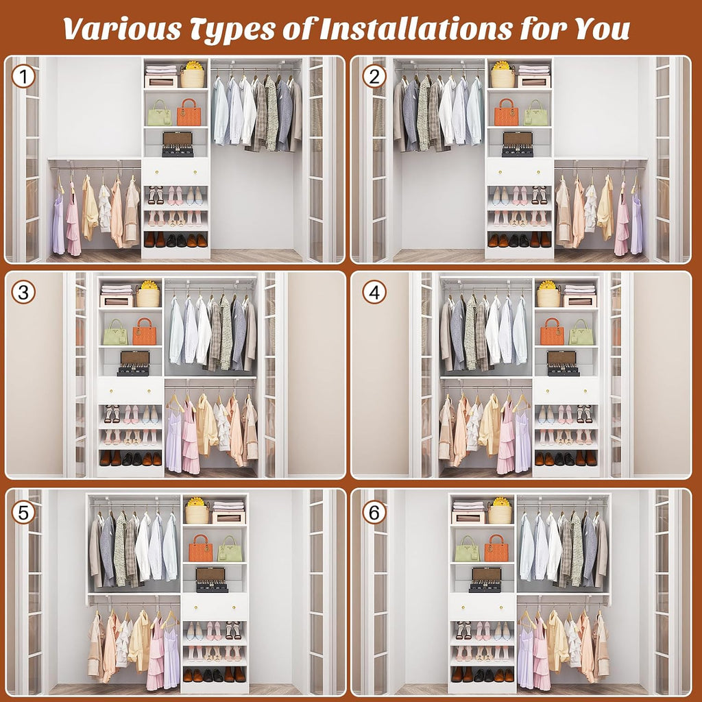 Closet System with Drawer - Reversible 5FT Wood Closet Organizer System with 2 Hanging Rods and Adjustable Shelf, Walk In Closet Organizers with Shoe Rack, Built-In Garment Rack Clothes Rack, White
