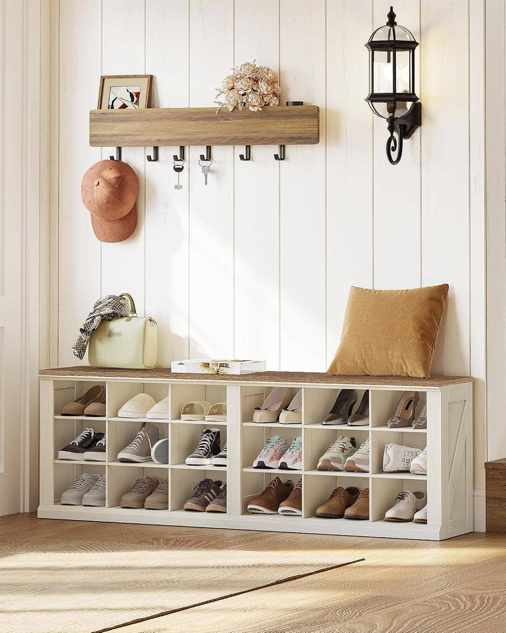 Hzuaneri Shoe Storage Bench, Wooden Entryway Shoe Benches with Cubby | Widened Wooden Farmhouse Shoe Bench with Compartments, Shoe Rack Benches for Cloakroom, Living Room, Antique White SB54514X