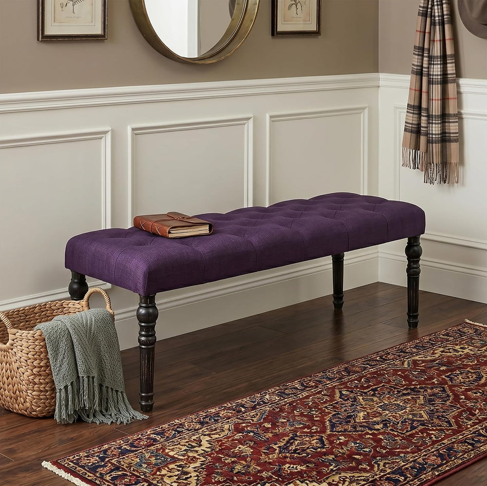 Roundhill Furniture Leviton Fabric Tufted Turned Leg Dining Bench, Purple