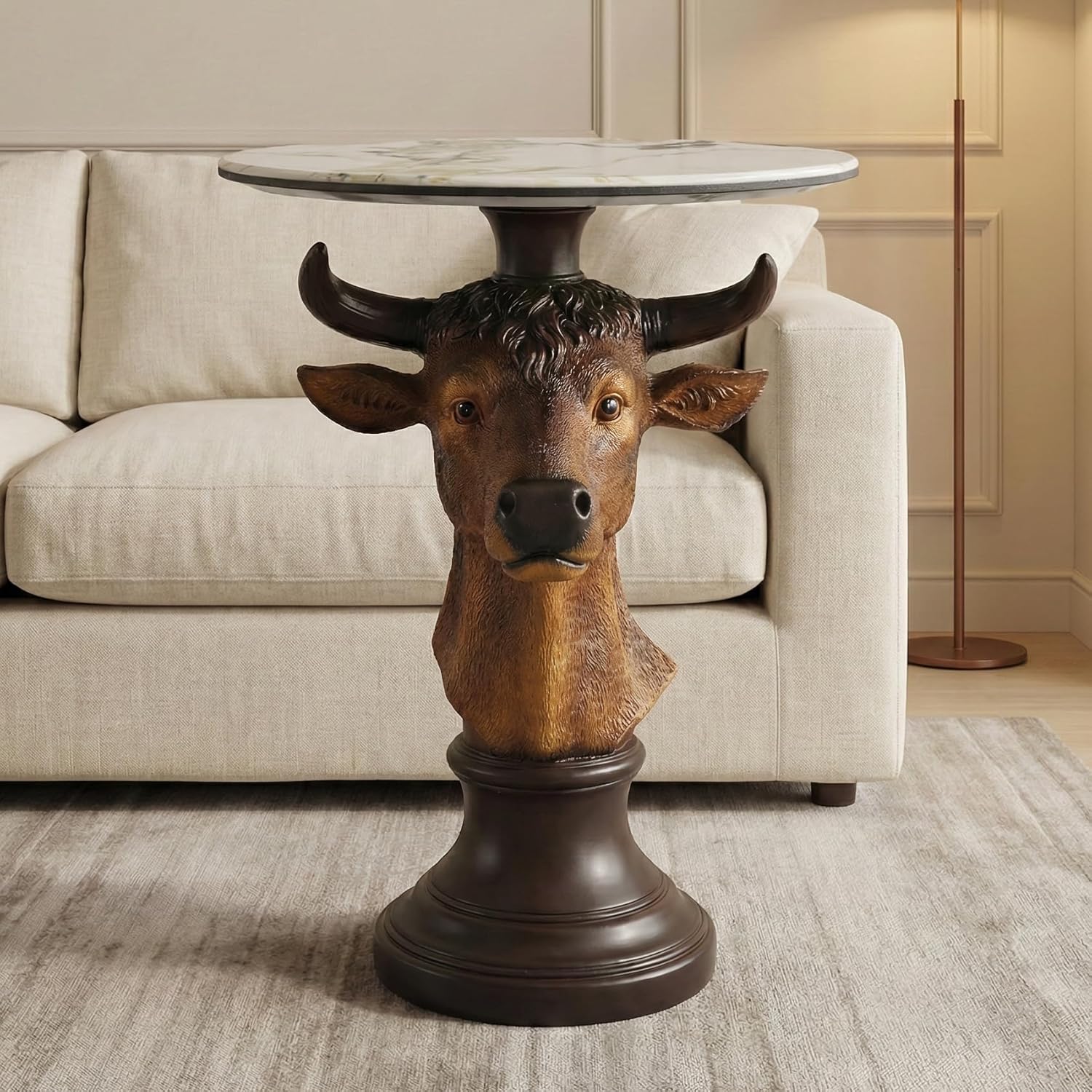 Bull Head Accent Side Table - End Table with Faux Marble Top Unique Cow Statue Decor for Living Room Bedroom Entryway Elegant Animal Sculpture Modern Classical Decoration, Brown