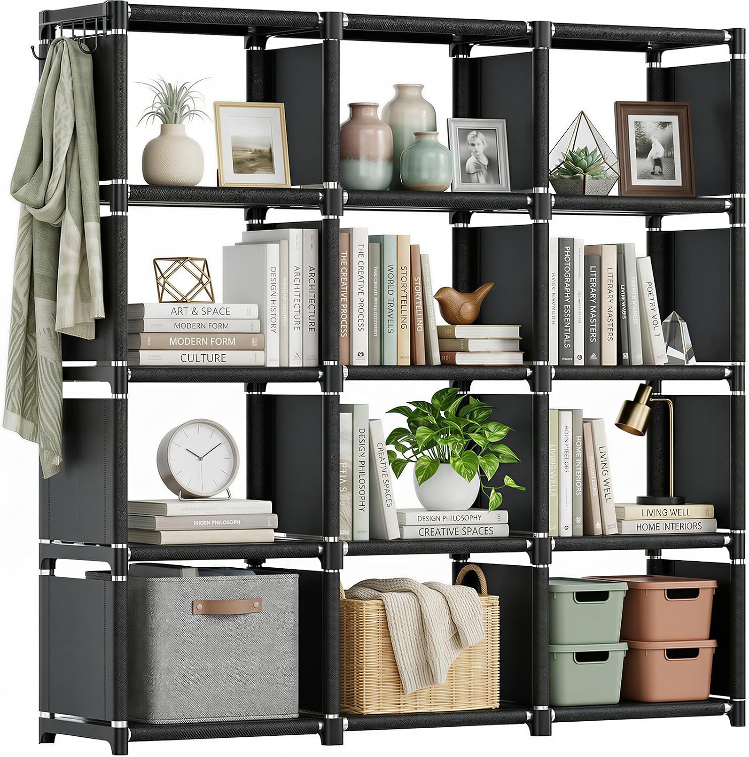 Mavivegue Book Shelf, 12 Cube Storage Organizer, DIY Bookcase, Metal Bookshelf,Tall Book case for Bedroom, Living Room,Office,Closet, Black Cubicle Rack
