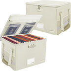 ENGPOW File Box with Lock,Fireproof Document Box with Zipper Lid,Collapsible File Storage Organizer Filing Cabinet with Handles,Portable Home Office Safe for Hanging Letter/Legal Folders,Beige,2 Pack