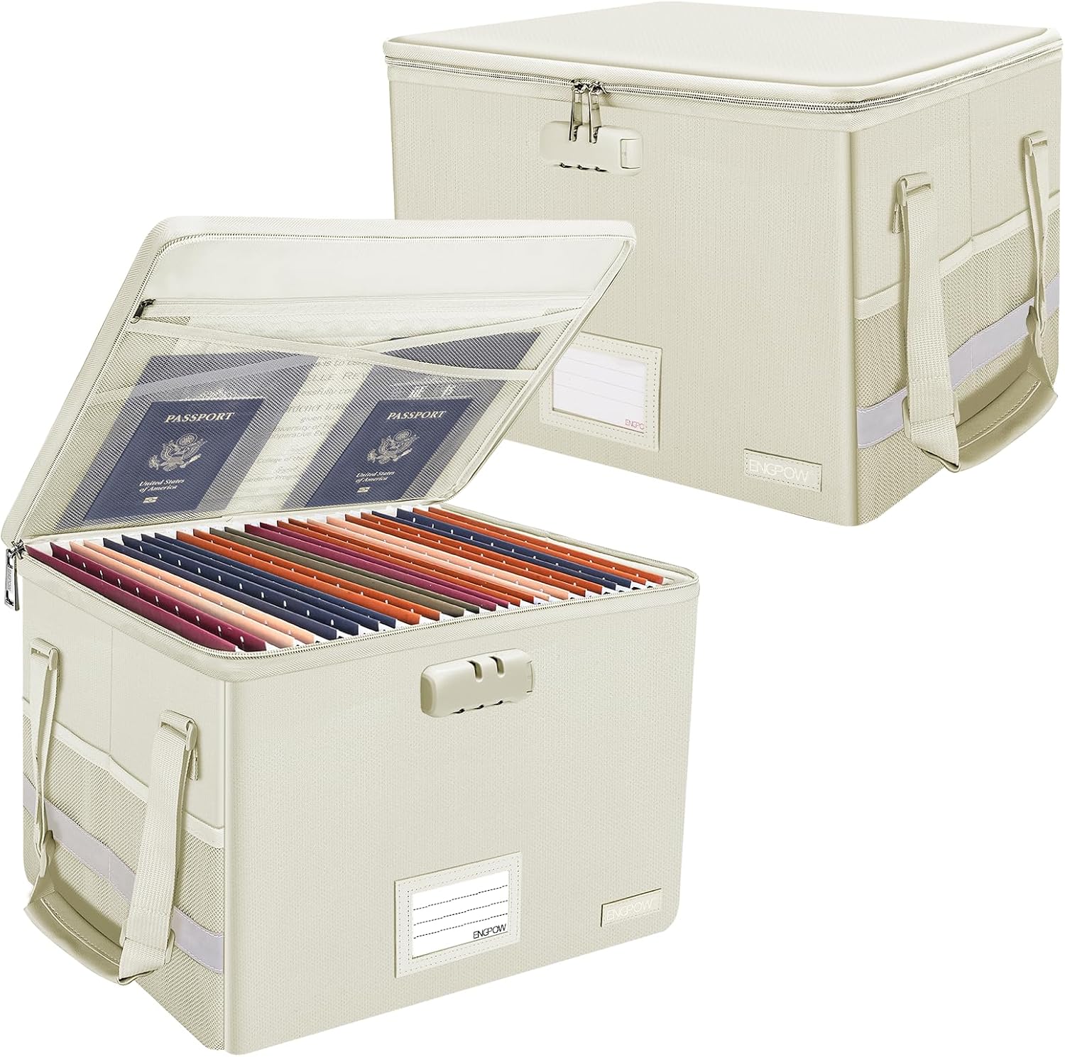 ENGPOW File Box with Lock,Fireproof Document Box with Zipper Lid,Collapsible File Storage Organizer Filing Cabinet with Handles,Portable Home Office Safe for Hanging Letter/Legal Folders,Beige,2 Pack