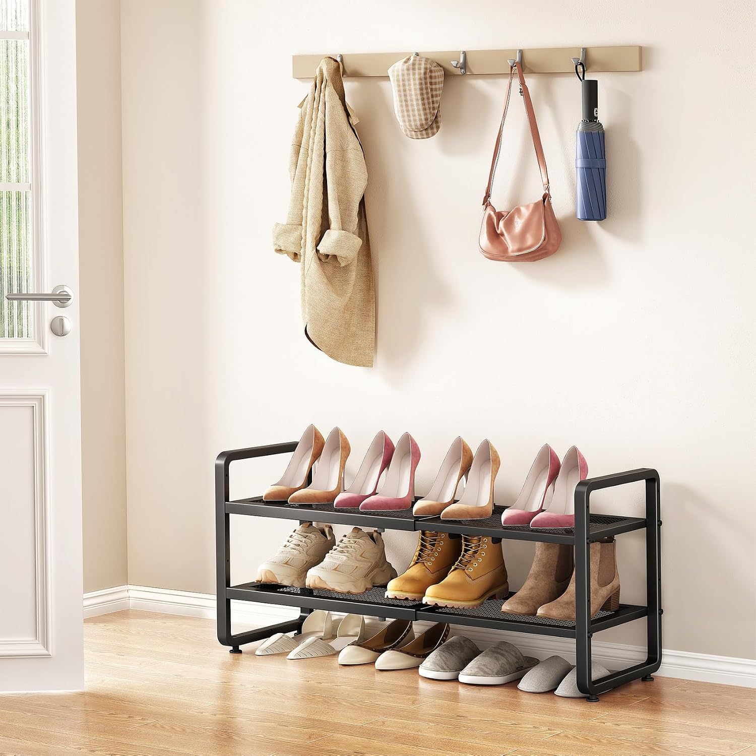 SAYZH Expandable Shoe Rack for Closet, Adjustable Metal Shoe Organizer with Sturdy Mesh Shelves for Boots & Heels, Stackable Shoe Storage for Entryway, Garage, Small Spaces (Black, 2-Tier)