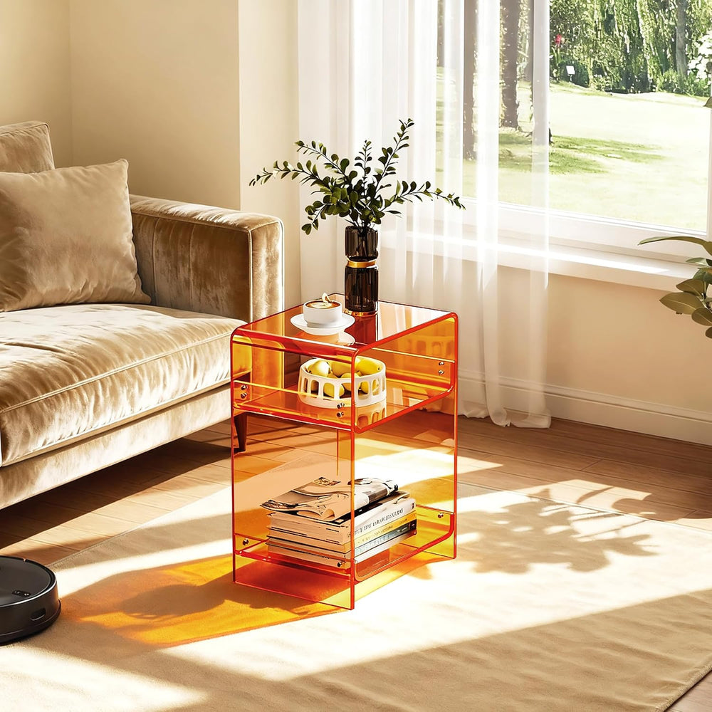Acrylic Record Player Table with Storage Shelf, Clear Side Table Nightstand (...