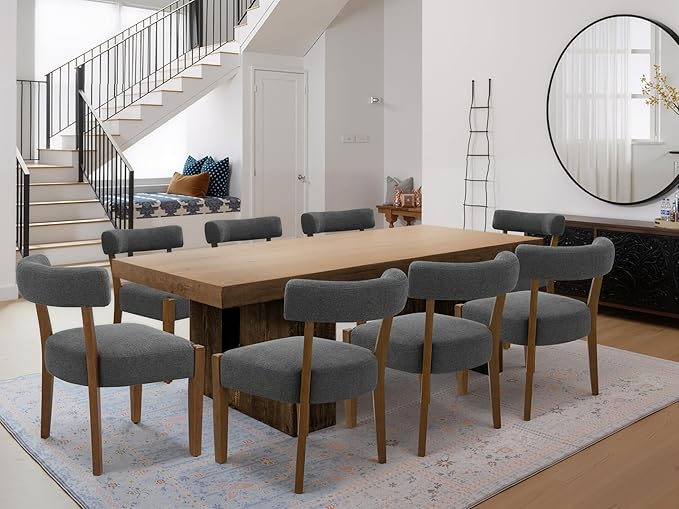 Modern Dining Chairs Set of 6, Walnut Upholstered Kitchen & Dining Room Chairs, Mid Century Wooden Dining Chairs Oversized Sturdy Fabric Rounded Chairs Curved Back, Dark Grey