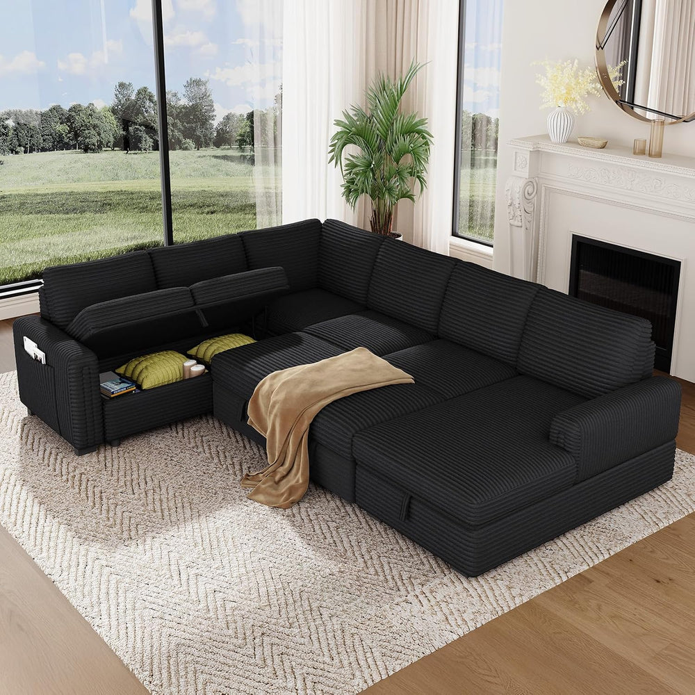 Vesgantti 113.6" Modular Sectional Sofa with Pull Out Bed, 7 Seater, Black