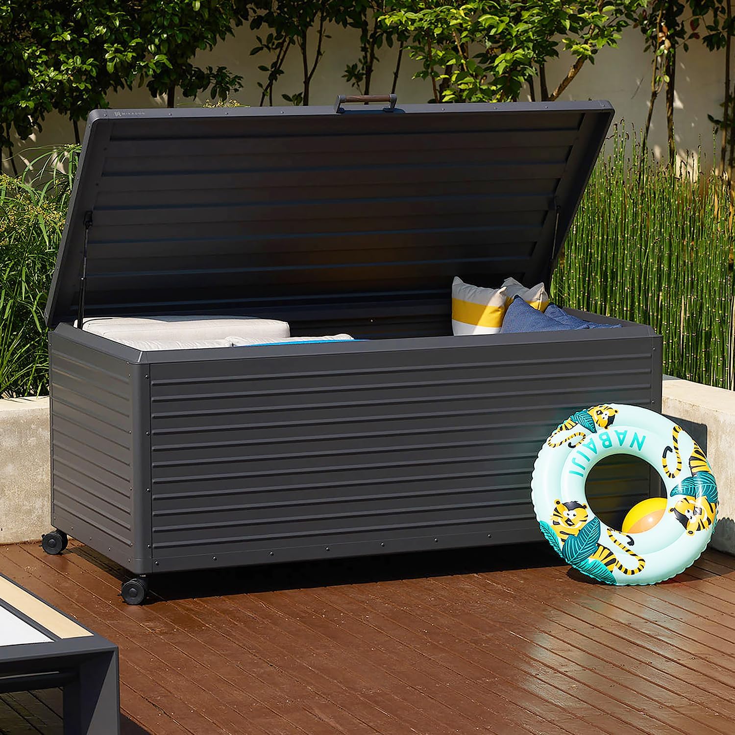MIRADOR 281 Gallon Outdoor Storage Box Waterproof, Metal Deck Box with wheels for Patio Furniture, Garden Tools, Outdoor Cushion, Charcoal