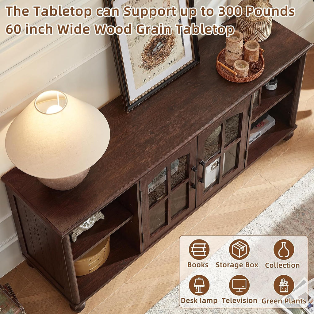 RWYHG Farmhouse TV Stand for 60 in TV, Entertainment Center for Living Room | Adjustable Shelves, Magnetic Glass Door, Sturdy Gourd Base, Wood Grain Top, High Capacity Storage Cabinet, Walnut