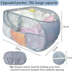 Collapsible Laundry Baskets 2 Pack, Mesh Pop Up Hamper with Handles, Portable Stair Basket, Dorm or Room Folding Bin, Dirty Clothes Hamper Light Breathable. Grey. 2H