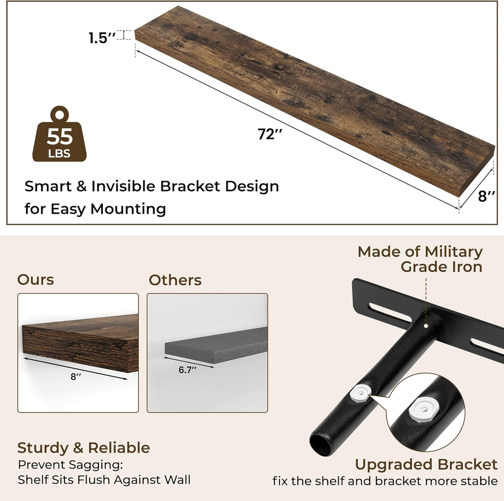 RICHFOCUS 72Inch Floating Shelves for Wall 2 Pack Shelves for Bedroom|Kitchen|Bathroom Wall Mounted Rustic Wood Floating Shelf with Invisible Brackets for Books|Storage|Decor, Rustic Brown