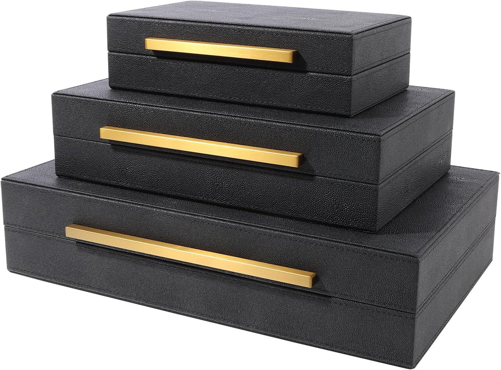 Set of 3 Decorative Boxes with Lids, Faux Shagreen Nesting Decorative Box for Home Decor, Jewelry Boxes, Photo Boxes, Keepsake Storage Boxes (Black)