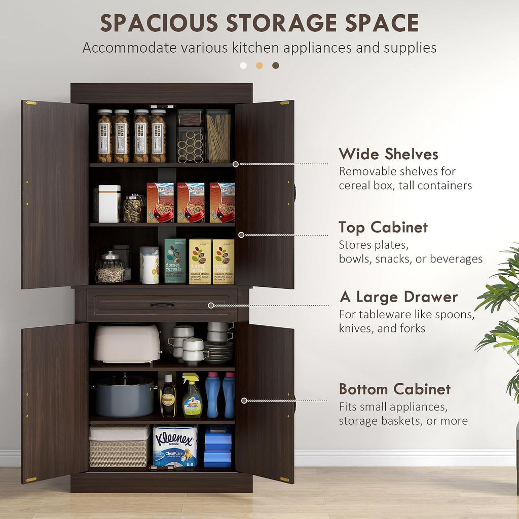 71" Freestanding Kitchen Pantry with 4 Doors, and 2 Large Cabinets, Tall Storage Cabinet with Wide Drawer for Dining Room, Coffee