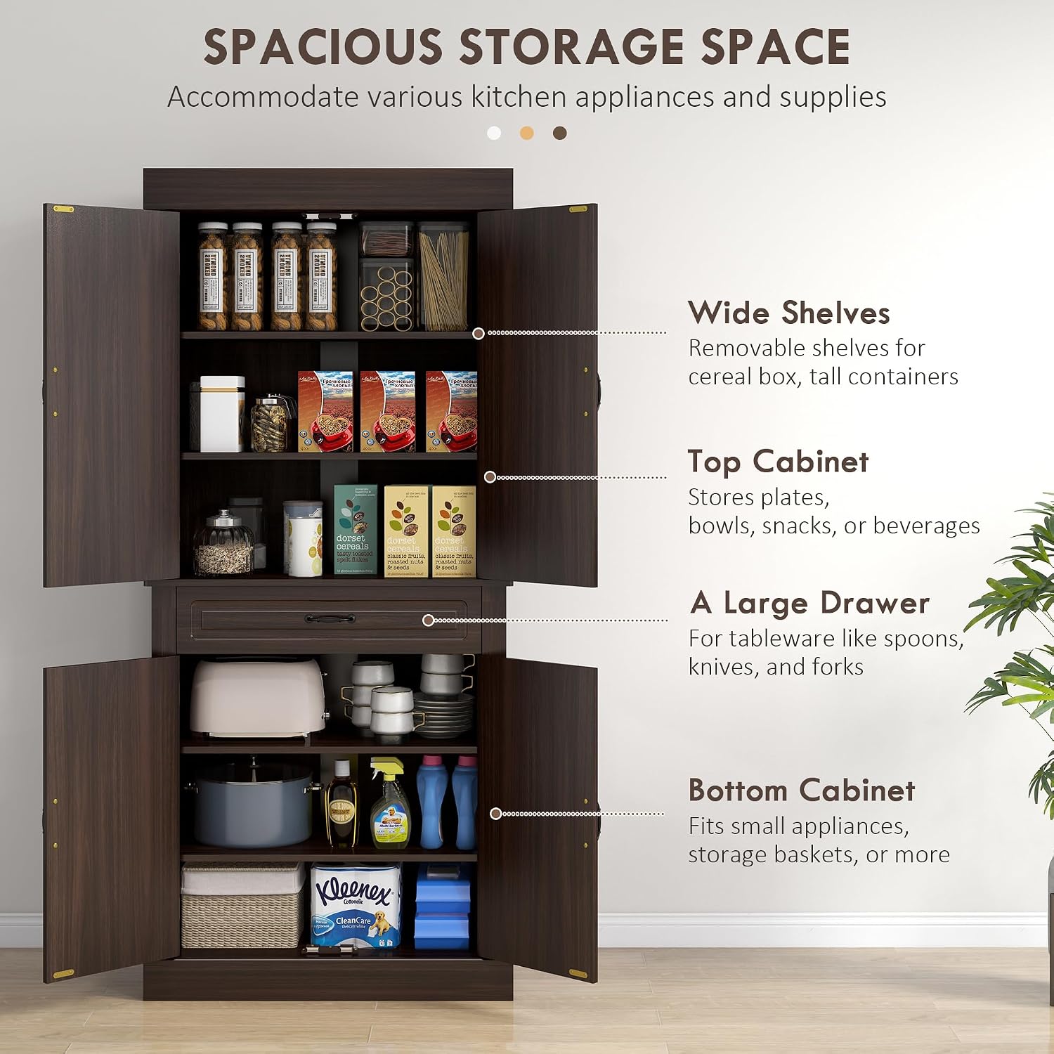 71" Freestanding Kitchen Pantry with 4 Doors, and 2 Large Cabinets, Tall Storage Cabinet with Wide Drawer for Dining Room, Coffee