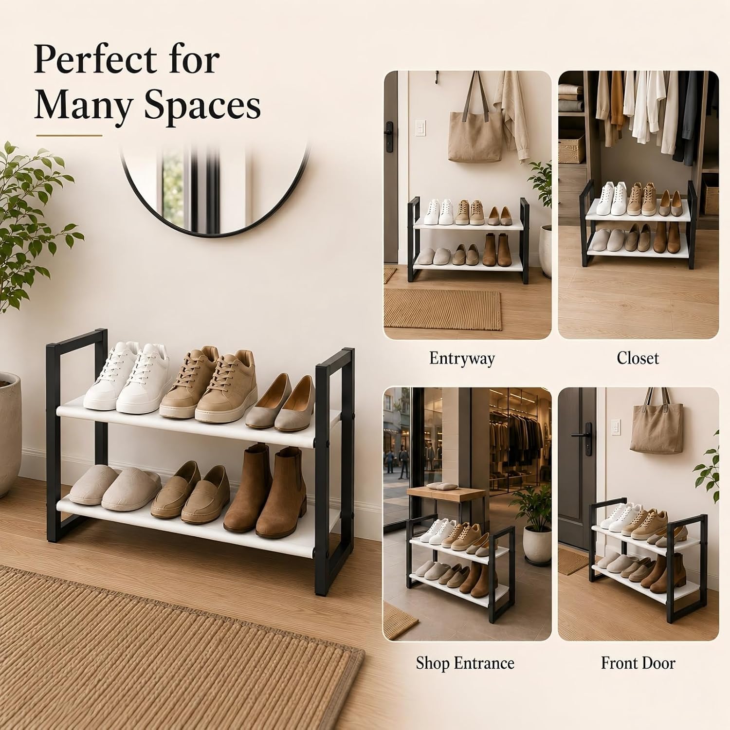 2-Tier Shoe Rack for Closet & Entryway, Stackable Shoe Organizer, Screw-Fastened Metal Frame for Less Wobble, Heel-Friendly Non-Woven Shelves, 11.8" Deep Space-Saving Shoe Storage (Black)