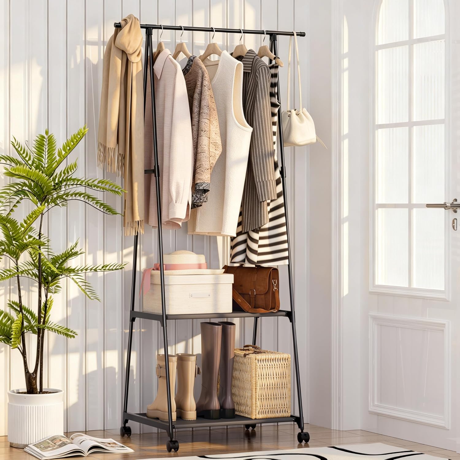 GcdPai Freestanding Clothing Rack Double-Tier with Shoe Storage | Space-Saving Closet Organizer, For Entryway, Bedroom & Walk-In Wardrobe, Triangle Coat Rack, Garment Rack