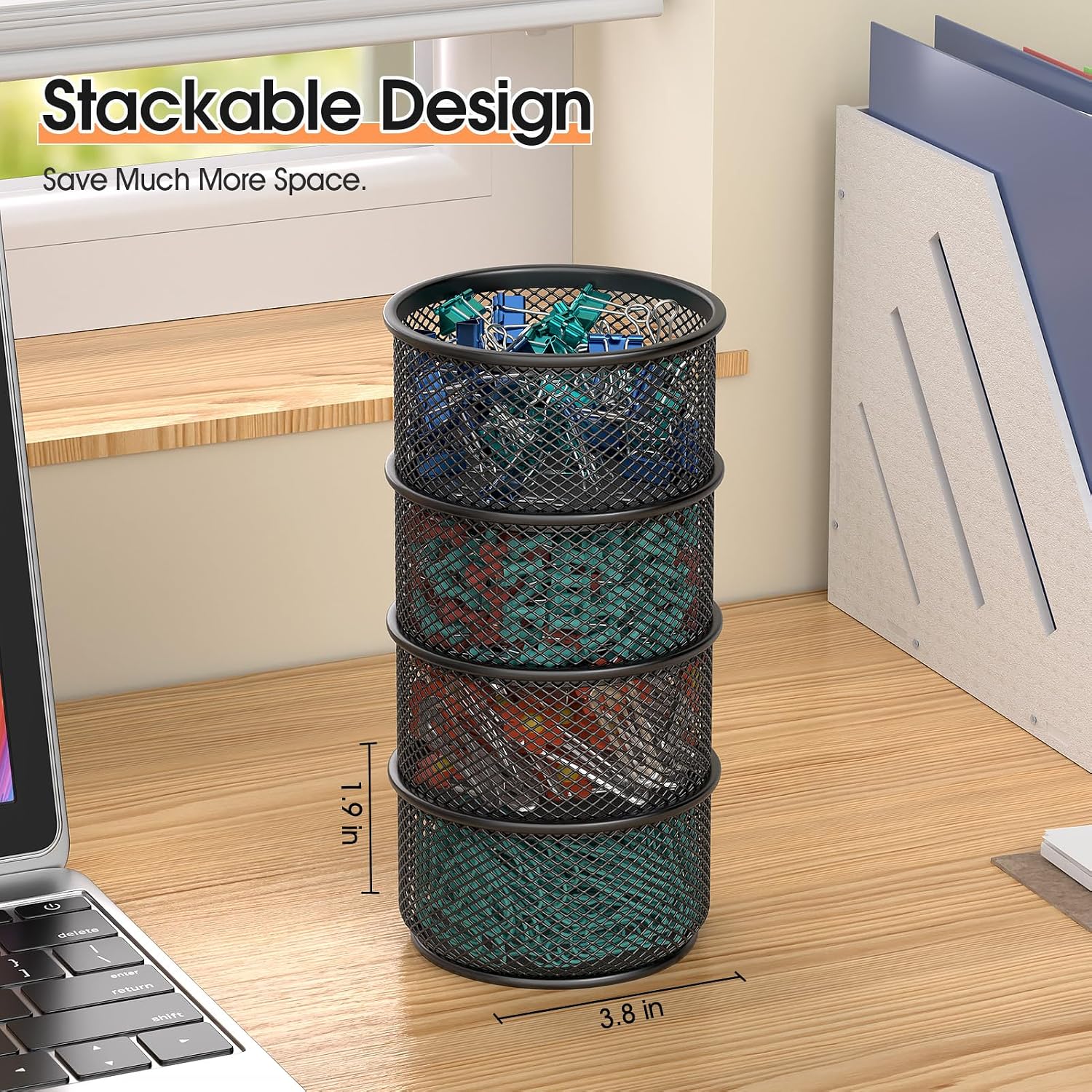 MaxGear Paper Clip Holder, Stackable PaperClip Organizer for Desk, 4 Pack Metal Mesh Paper Clip Holders with Non-Slip EVA Pad, Desk dispensers for Office Binder Box, Black