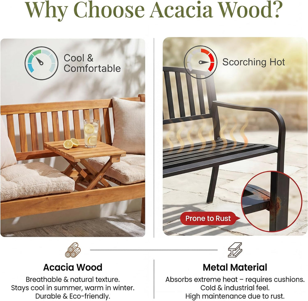 Devoko Acacia Wood Outdoor Bench, 2-Person Garden Bench with Pull-Out Table