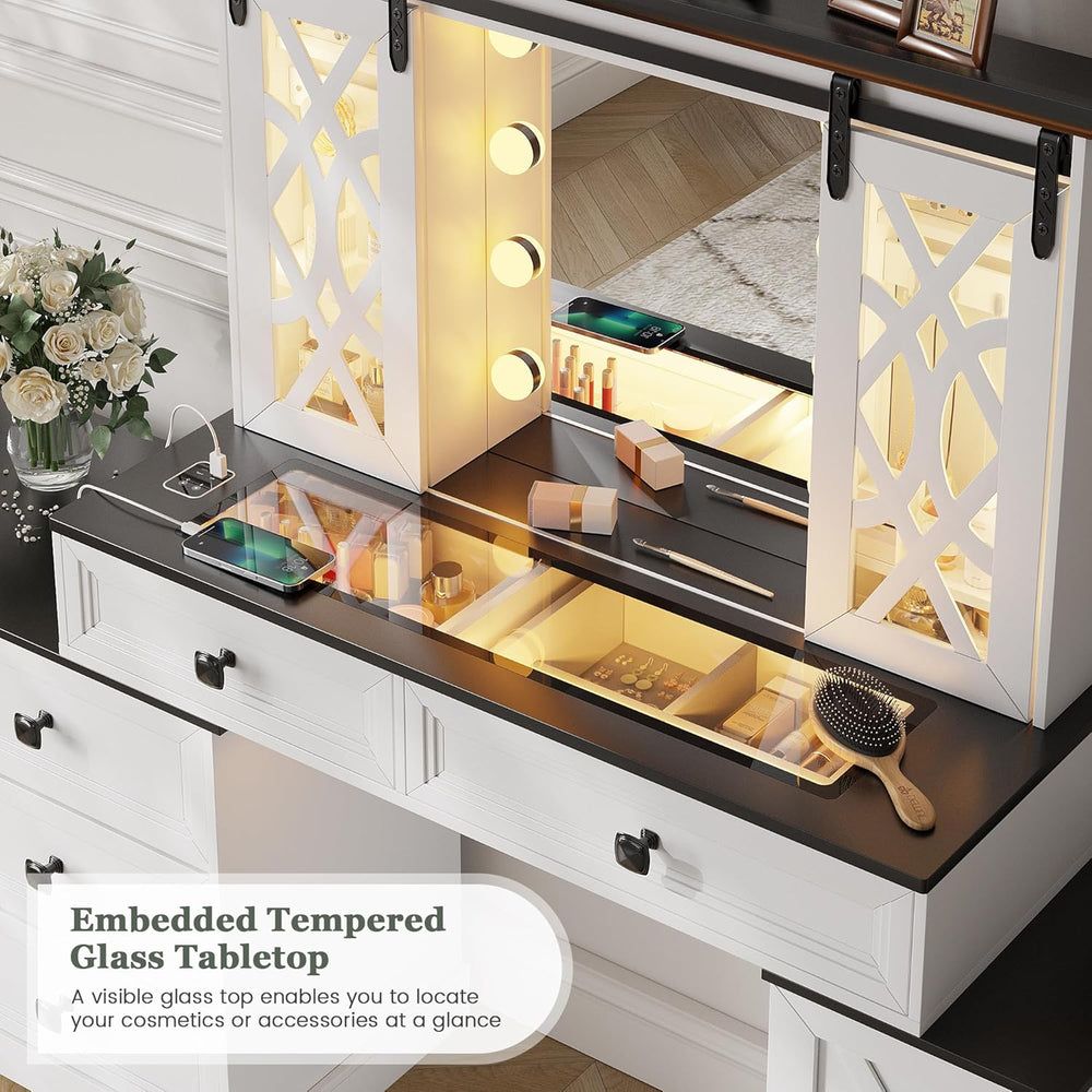 TAGELIER Farmhouse Large Makeup Vanity with Mirror & Lights | Vanity Desk...