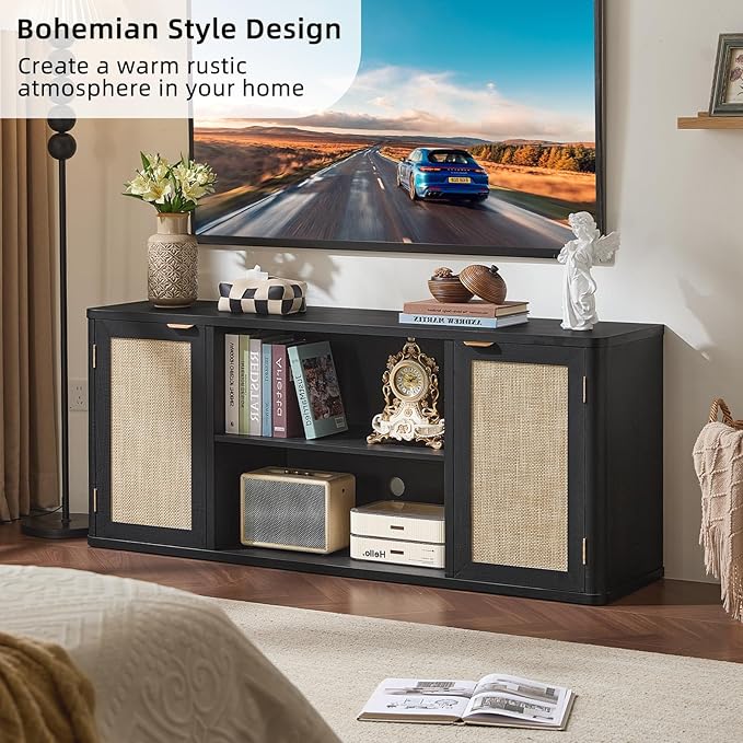 LEYAOYAO Rattan TV Stands for Living Room, Boho Entertainment Center with Storage and Open Shelf, Wood Media Console for 50-65 Inch TV, Black