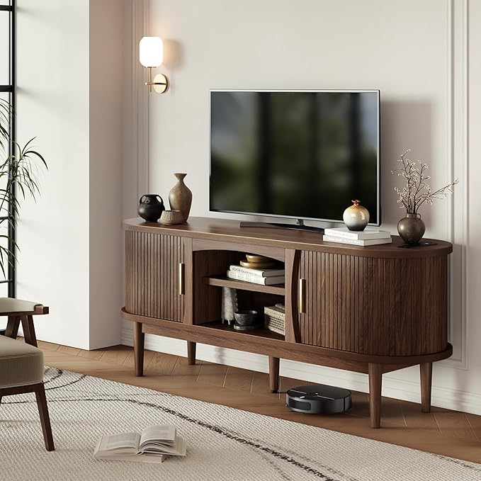 Mid Century TV Stand for TVs up to 65 Inches, Entertainment Center with Storage, Power Outlet, Fluted Sliding Doors & Adjustable Shelves, Modern Media TV Console Table for Living Room (Walnut)