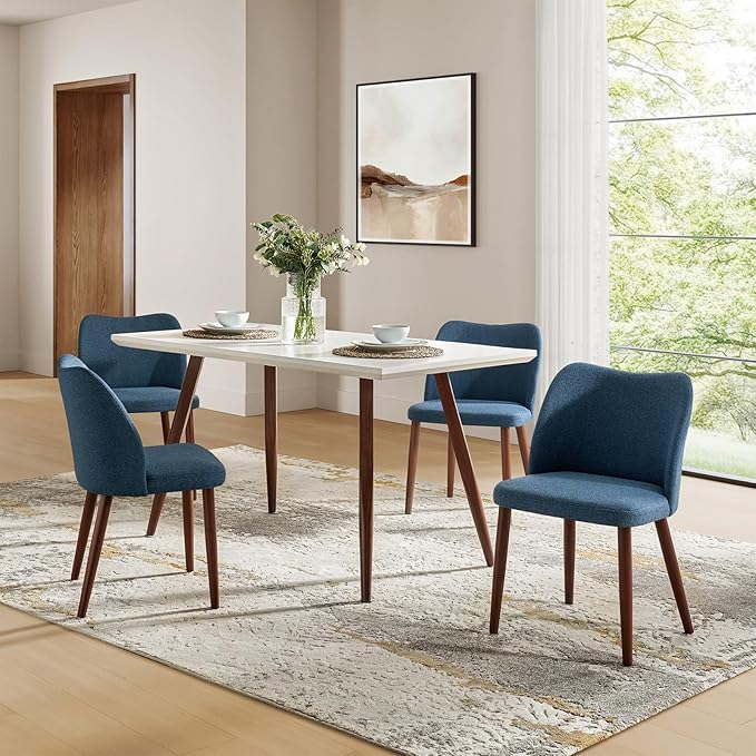 Dining Chairs Set of 4, Upholstered Kitchen Dining Room Chair Set Morden Accent Side Dinner Chair with Curved Padded Back Wood Legs for Restaurant/Cafe, Navy