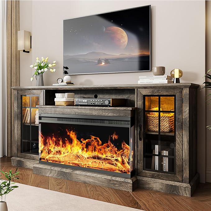 oneinmil 36 Inch 3-Sided Glass Fireplace TV Stand for TVs up to 80", Rustic Media Entertainment Center Console Table with Glass Door Closed Storage, Set of TV Table, Grey