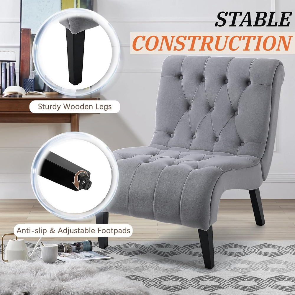 AVAWING Armless Tufted Velvet Accent Chair with Wood Legs, Grey | Soft fade &...