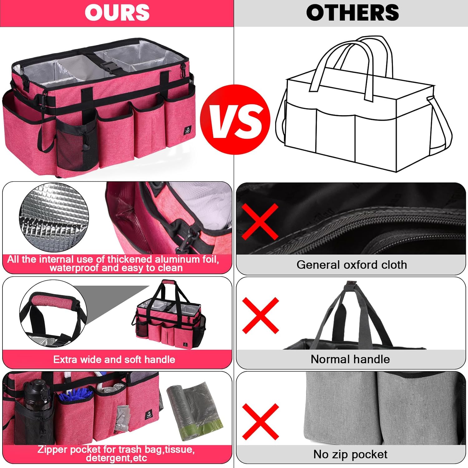 Extra large Cleaning Caddy Bag Built-in Sturdy Support Board, Cleaning Organizer with Detachable Divider, Cleaning Supply Tote with Adjustable Shoulder Strap (Pink, 19'' x 11'' x 11'')
