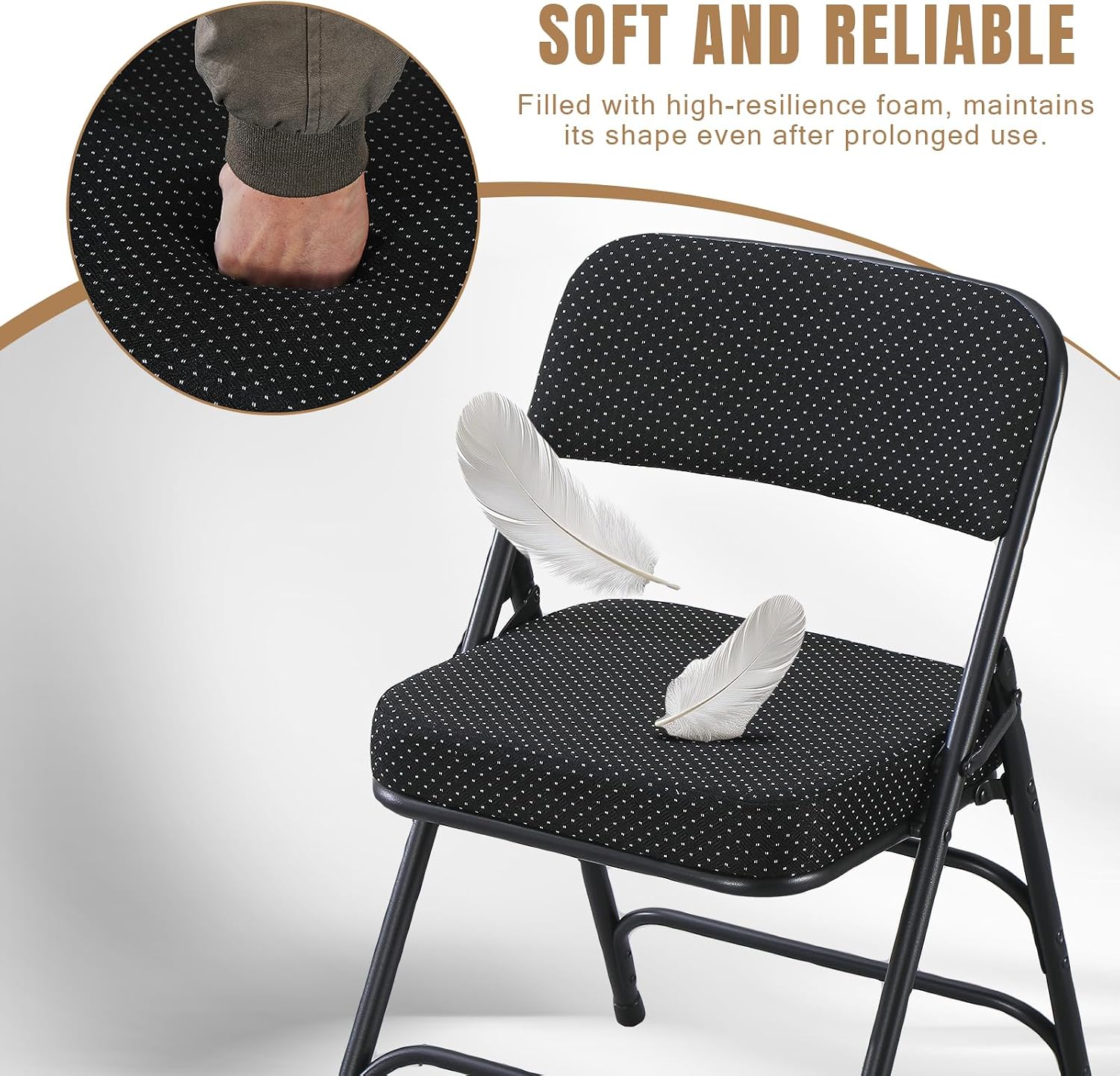 Folding Chair with Thick Cushioned Seat, Padded Metal Frame Foldable Chairs for Home Office Party Wedding Indoor Outdoor Use, Heavy Duty Comfortable Portable Dining Chairs, 1 Pack, Black