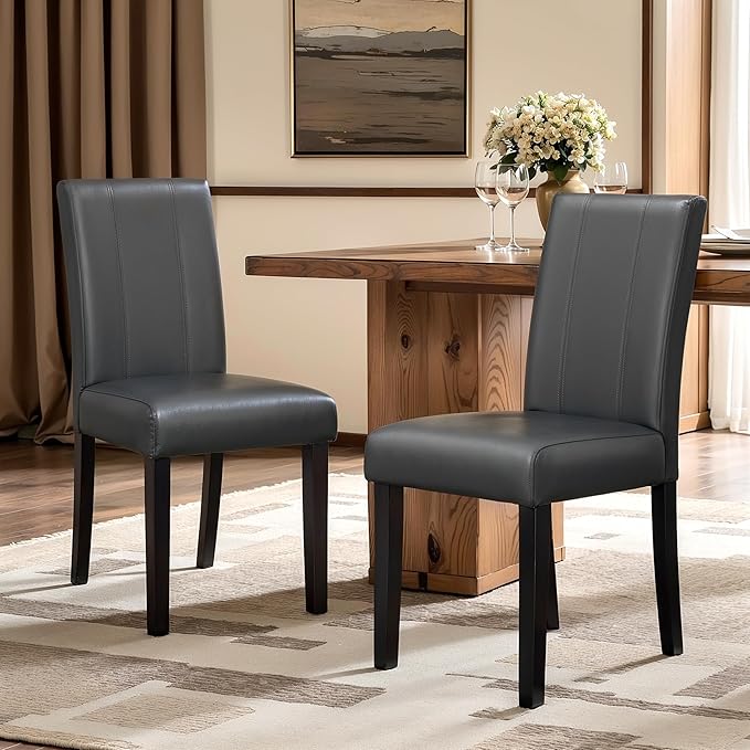CHUN YI Dining Chairs Set of 2, Faux Leather Dining Room Chairs, High Back Upholstered Parsons Chairs for Dining Room Kitchen Side Chair with Sturdy Wood Legs, Grey