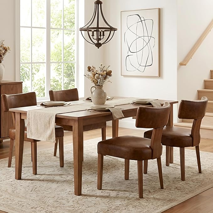 HNY Mid Century Modern Dining Chairs Set of 2, Farmhouse PU Leather Upholstered Accent Chair Curved Backrest Kitchen Chairs, with Hardwood Frame, Brown