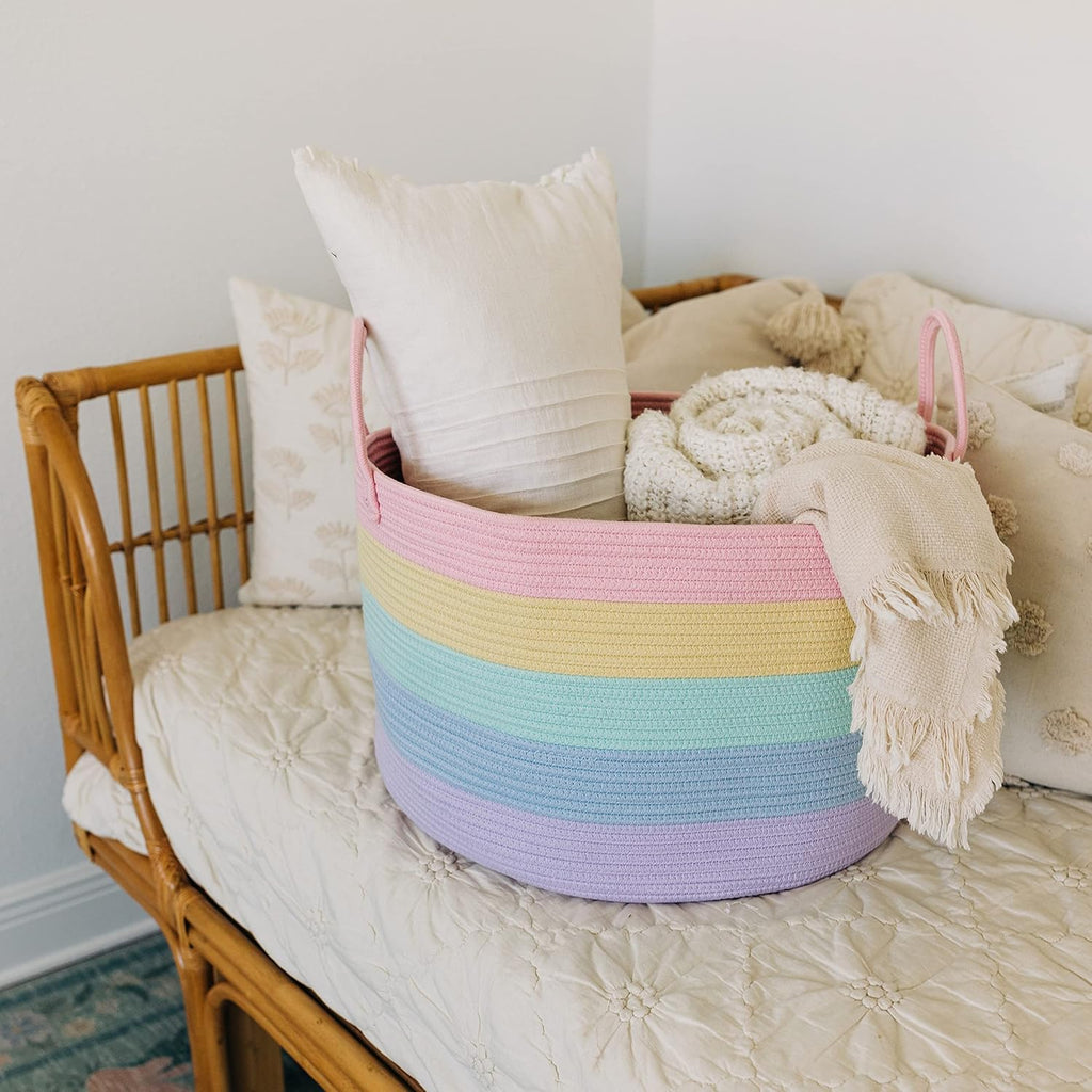 OrganiHaus Rainbow Toy Basket & Blanket Storage Bin, Nursery 20x13" | Rainbow Pastel - Round Rainbow Cotton Rope Basket, Nursery 20x13"