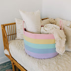 OrganiHaus Rainbow Toy Basket & Blanket Storage Bin, Nursery 20x13" | Rainbow Pastel - Round Rainbow Cotton Rope Basket, Nursery 20x13"