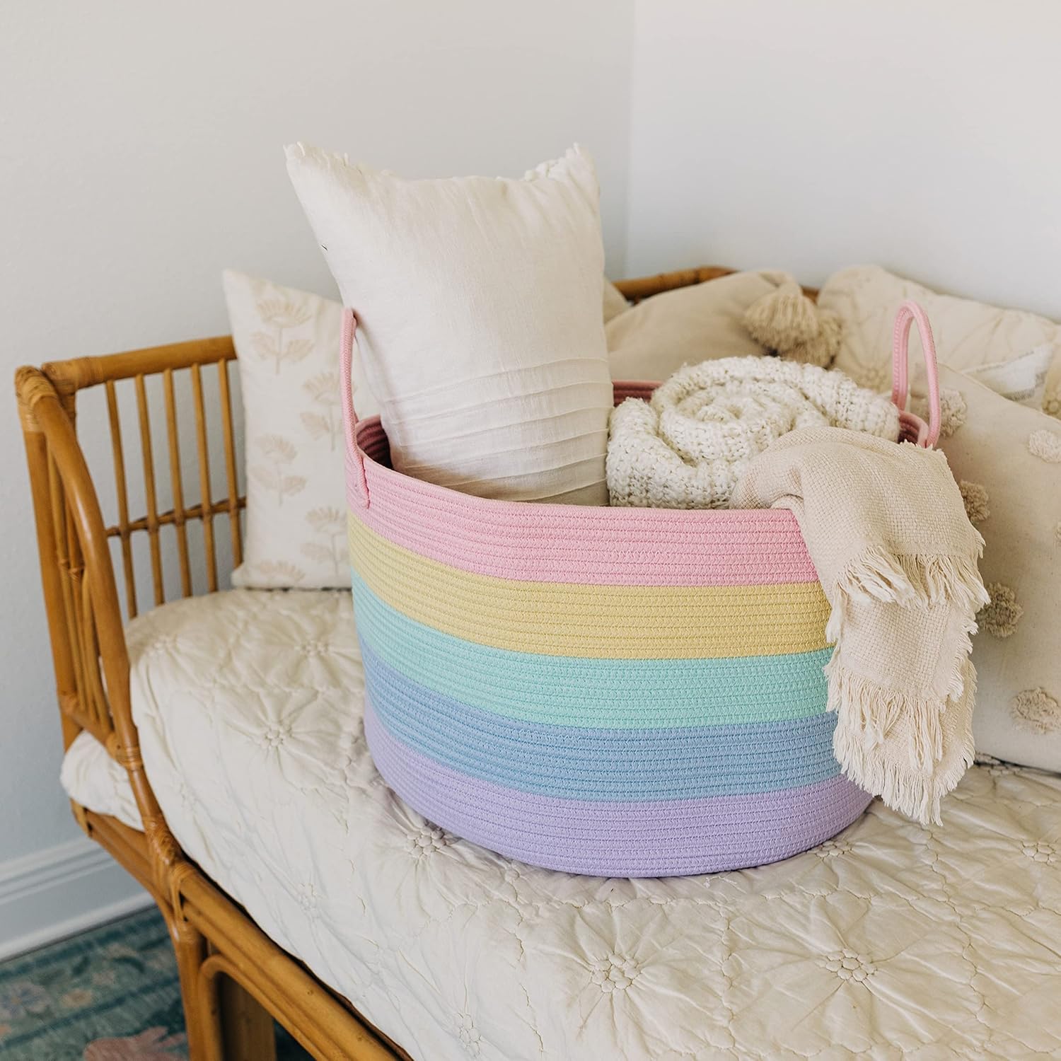 OrganiHaus Rainbow Toy Basket & Blanket Storage Bin, Nursery 20x13" | Rainbow Pastel - Round Rainbow Cotton Rope Basket, Nursery 20x13"