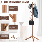 Haddockway Wooden Coat Rack Stand with 8 Hooks New Zealand Pine 3 Adjustable Coat Standing Tree Easy Assembly for Coats, Hats, Scarves and Handbags for Entryway, Hallway, Bedroom, Office