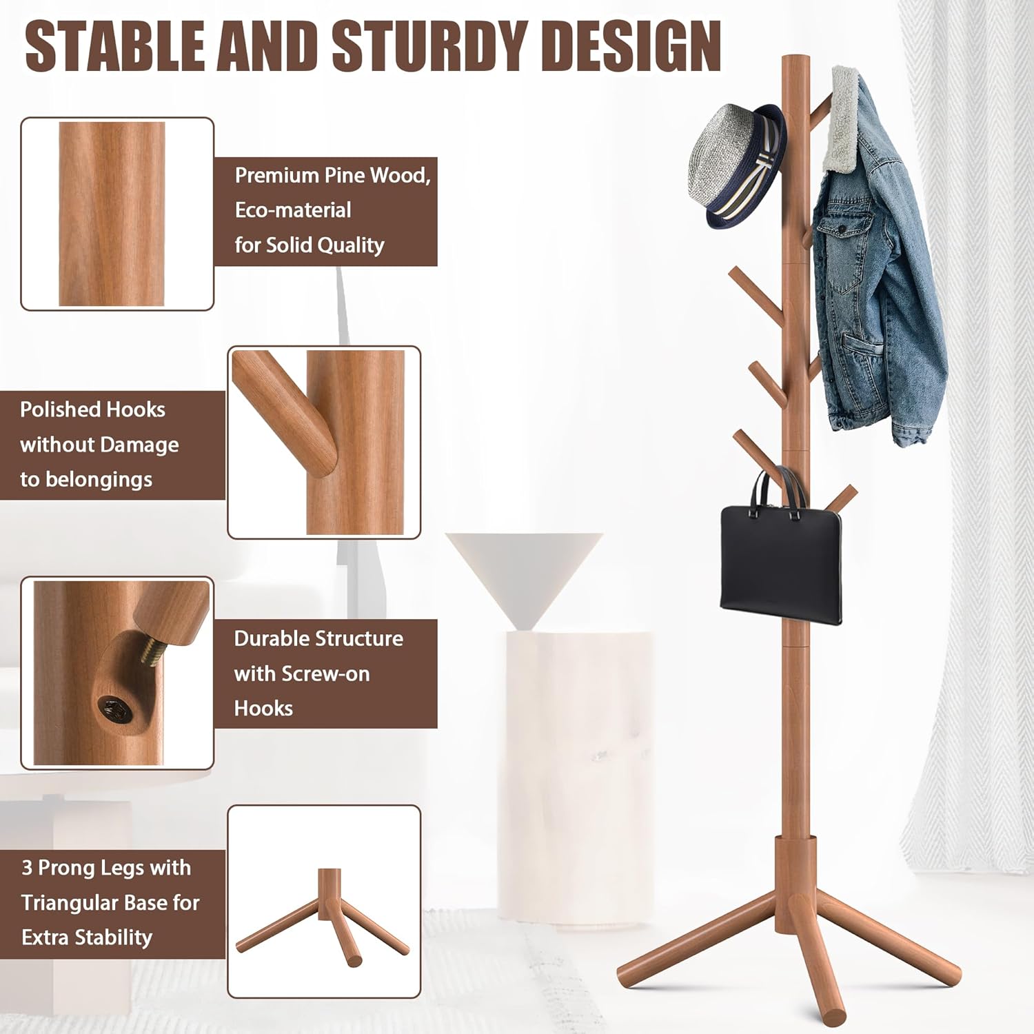 Haddockway Wooden Coat Rack Stand with 8 Hooks New Zealand Pine 3 Adjustable Coat Standing Tree Easy Assembly for Coats, Hats, Scarves and Handbags for Entryway, Hallway, Bedroom, Office