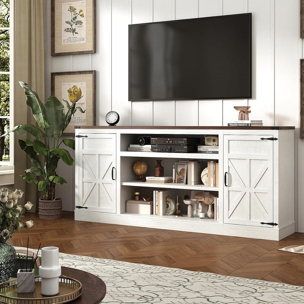 XVD 75" Farmhouse Coffee Bar with Charging Station, Sideboard Buffet with Large Storage, Wood Storage Cabinet with Adjustable Shelves for Kitchen, Living Room, Rustic White