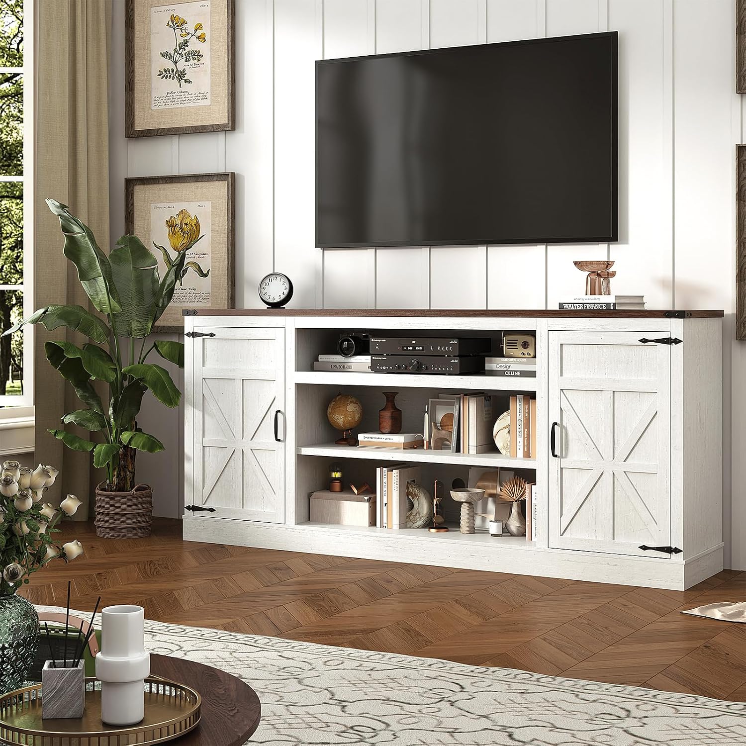 XVD 75" Farmhouse Coffee Bar with Charging Station, Sideboard Buffet with Large Storage, Wood Storage Cabinet with Adjustable Shelves for Kitchen, Living Room, Rustic White