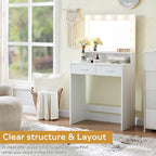 Vanity Desk with Mirror and Lights, Dressing Table with Large Drawer, 2 Level Storage Dresser & 3 Lighting Modes Adjustable Brightness, Suitable for Bedroom