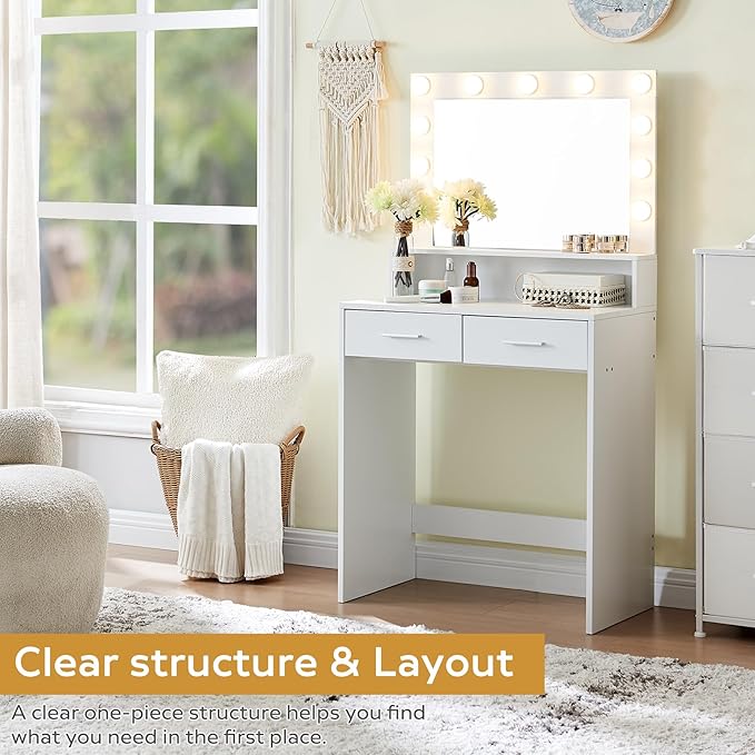 Vanity Desk with Mirror and Lights, Dressing Table with Large Drawer, 2 Level Storage Dresser & 3 Lighting Modes Adjustable Brightness, Suitable for Bedroom