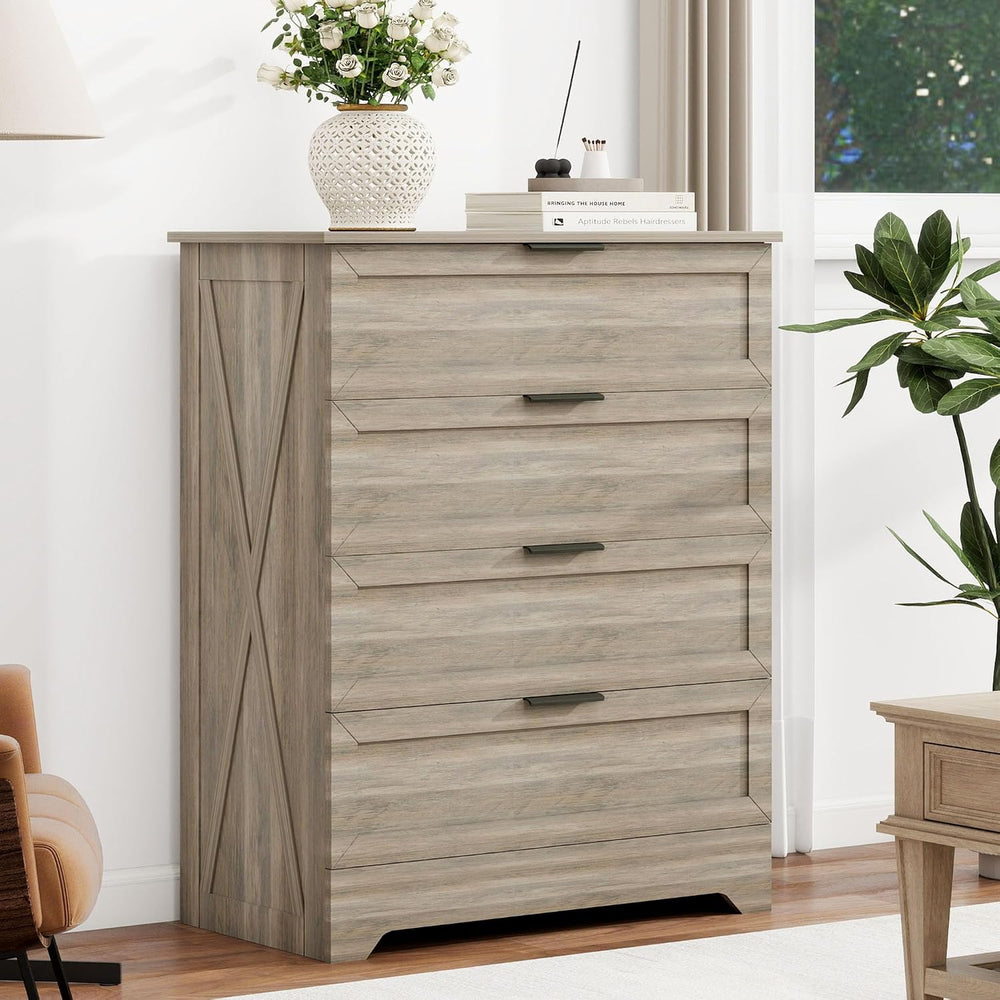 Farmhouse 4 Drawer Dresser for Bedroom, Tall Bedroom Dresser, Rustic Gray
