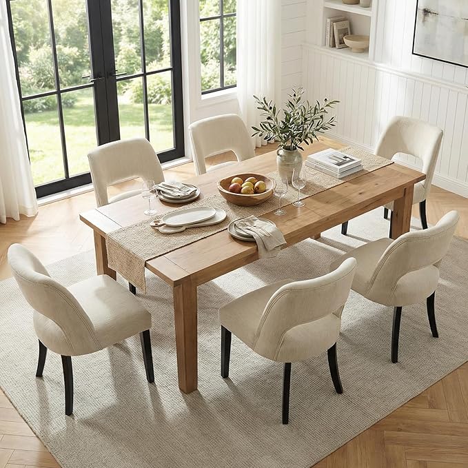 keoni Wooden Dining Chairs Set of 4, Mid Century Modern Upholstered Dining Room Chairs with Black Wood Legs, Fabric Farmhouse Kitchen Chairs with Foot Pegs for Dining Room, Beige