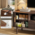 Fluted TV Stand, 62 Inch Mid Century Modern Media Console Table with Sliding Tambour Door Farmhouse Sideboard Buffet Cabinet Fits TVs up to 75 inch, Wood Entertainment Center for Living Room