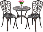 Outdoor Bistro Set 3 Piece Patio Bistro Set with Umbrella Hole, Weather Resistant Bistro Table and Chairs Set of 2 for Porch Garden, Bronze