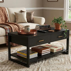 Multi-Functional Coffee Table with Foot-Sensor Light and 2 Drawers | Black, Modern, Large Open Shelf, Sturdy Frame Versatile, Vintage Metal Handle, Suitable for Living Room/Office/Outdoor Patio,