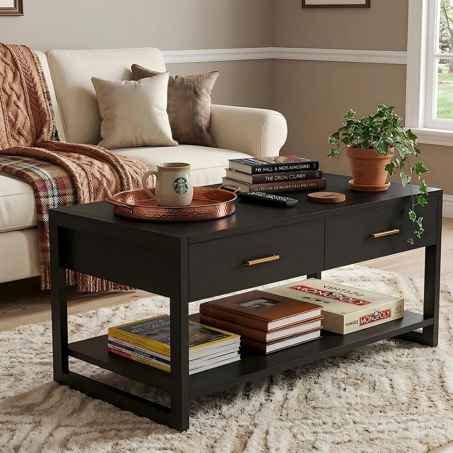 Multi-Functional Coffee Table with Foot-Sensor Light and 2 Drawers | Black, Modern, Large Open Shelf, Sturdy Frame Versatile, Vintage Metal Handle, Suitable for Living Room/Office/Outdoor Patio,