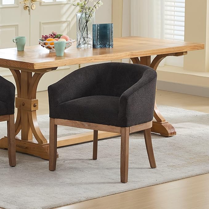 SoarFlash Mid Century Modern Upholstered Barrel Dining Chairs with Arms, Farmhouse Linen Kitchen and Dining Room Chairs, with Natural Hardwood Frame (Black)